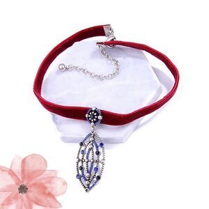 High-End Vintage-Inspired Red Velvet Choker w Blue Crystal Pendant Unique